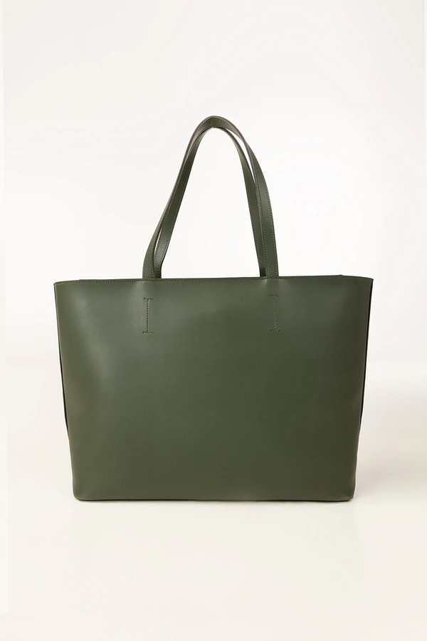 Olive Green Faux Leather Tote Bag – Minimalist & Spacious Everyday Handbag
