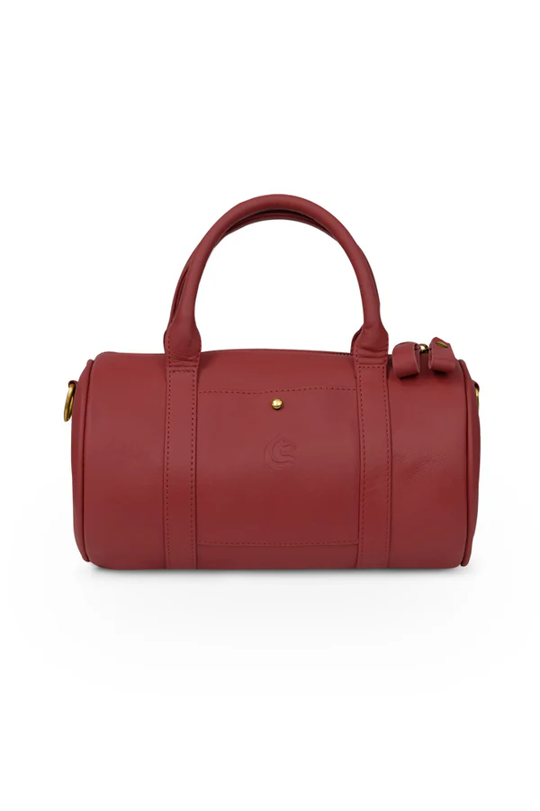 Bella Duff – Red Mini Leather Duffle Handbag with Crossbody Strap