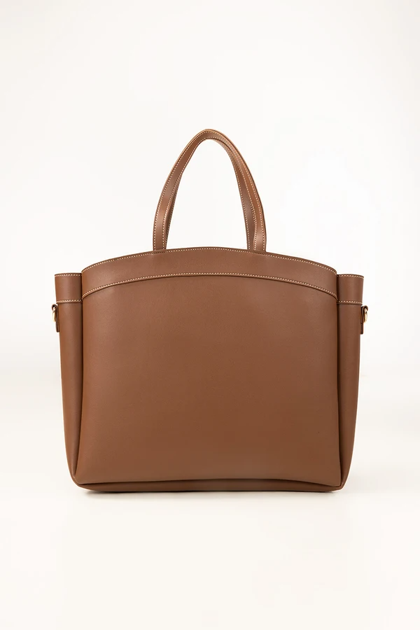 Tan Faux Leather Tote Bag – Contrast Stitching, Zipper Closure, Everyday Carry