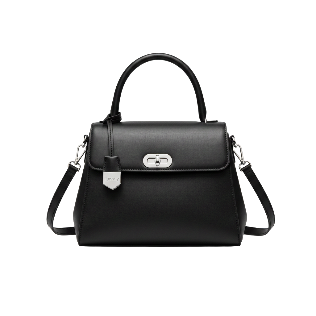 Lunaaly Black Leather Top Handle Bag with Adjustable Strap