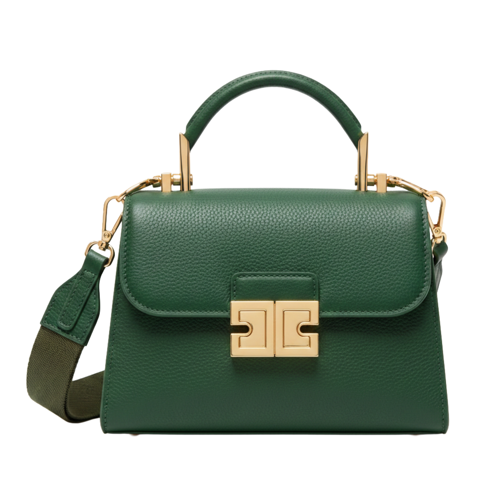 Lunaaly Green Leather Top Handle Bag with Gold-Tone Lock