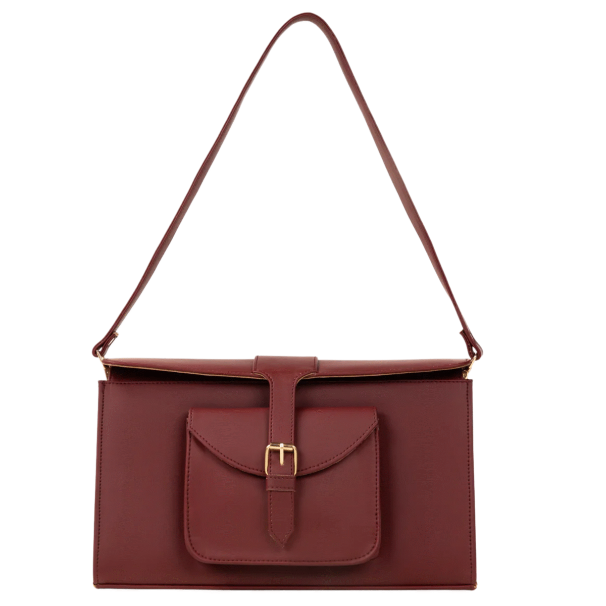 Maroon Faux Leather Shoulder Bag with Gold Buckle